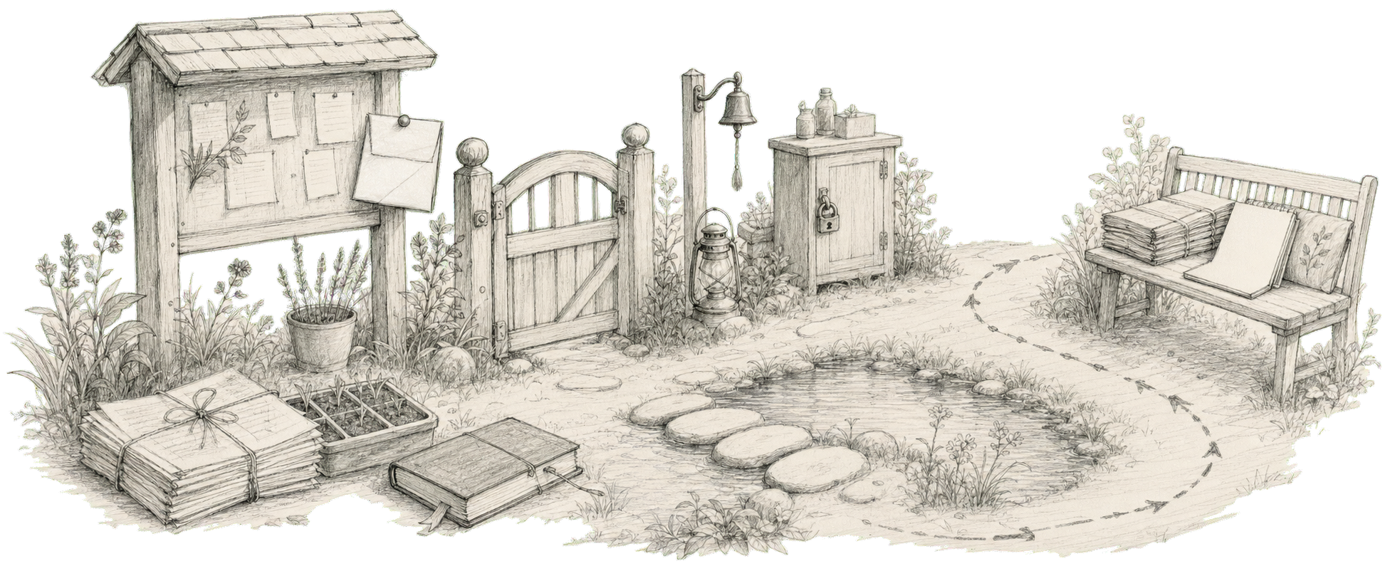 Soft pencil sketch of a village notice board, folded notes, seed tray, garden gate, bell, lantern, locked cupboard, stepping stones, and report folios on a bench.
