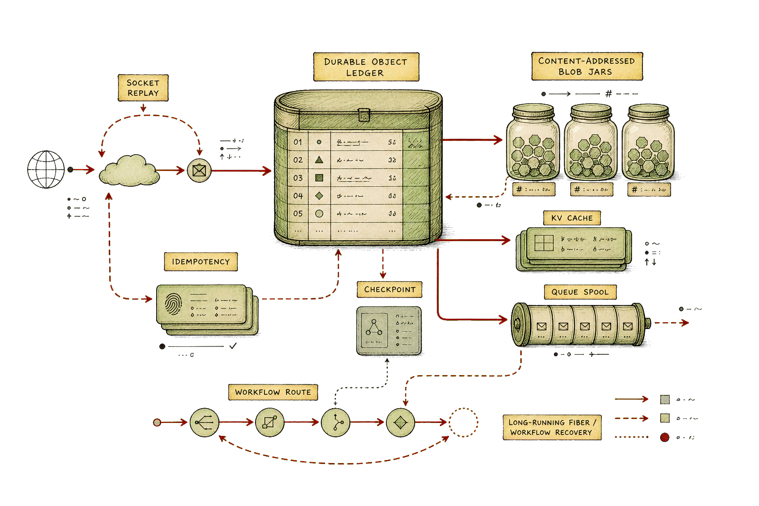 Hand-drawn technical plate showing Durable Object ledgers, R2 content-addressed blobs, KV cache, queue spool, checkpoint, and workflow recovery.
