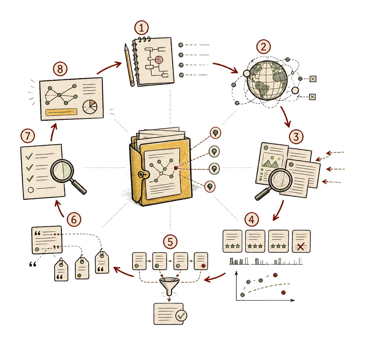 Hand-drawn process anatomy showing plan, discover, fetch, score, deduplicate, cite, review, and synthesize.