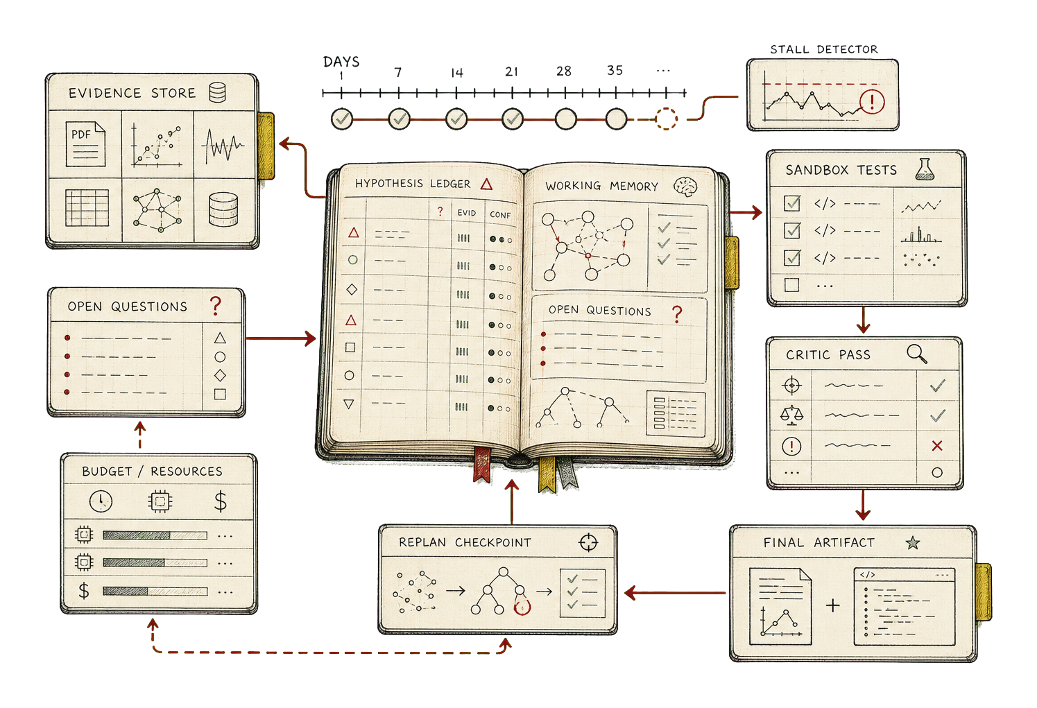 Hand-drawn mechanism showing hypothesis ledger, evidence store, open questions, sandbox tests, critic pass, budget, replan checkpoint, and final artifact.