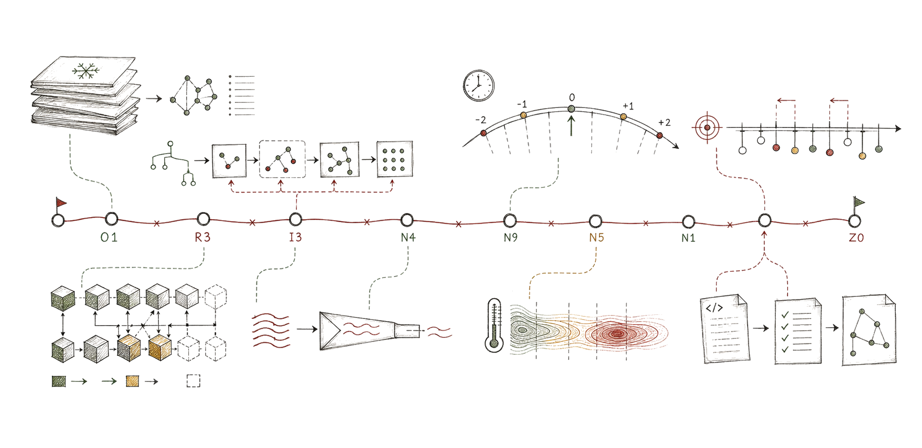 Hand-drawn technical map of macOS 26 Chromium optimization layers: cold launch, renderer launch, render timing, input latency, cache I/O, compression, thermal scheduling, and verification.