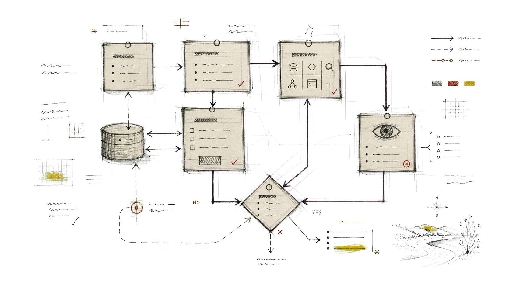 Hand-drawn pencil agent orchestration process sketch