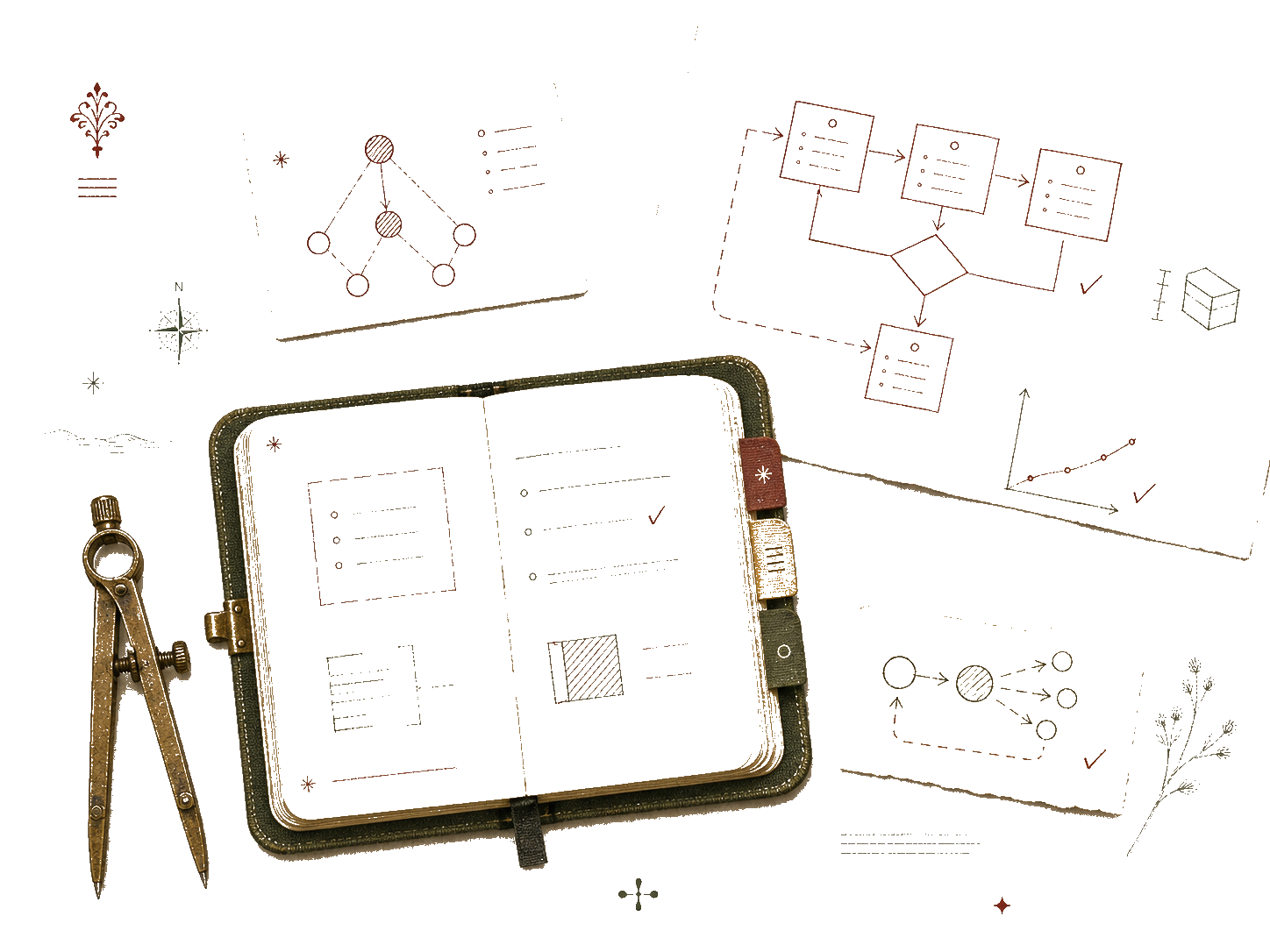 Hand-drawn developer field-note workbench with API nodes, dividers, and system sketches