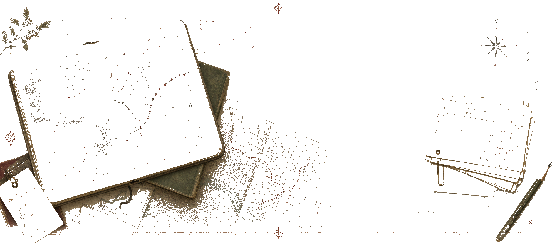 Hand-drawn field-journal plate with weather lines, route marks, archive cards, and contour notes