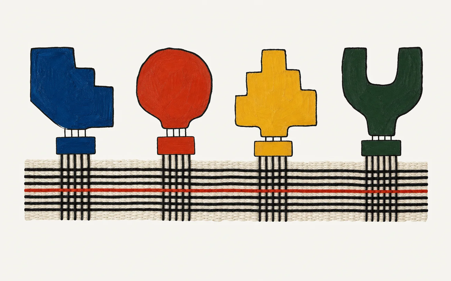 A painterly collage of four differently shaped plugs joining one woven band through small adapters, a single red thread running its length.