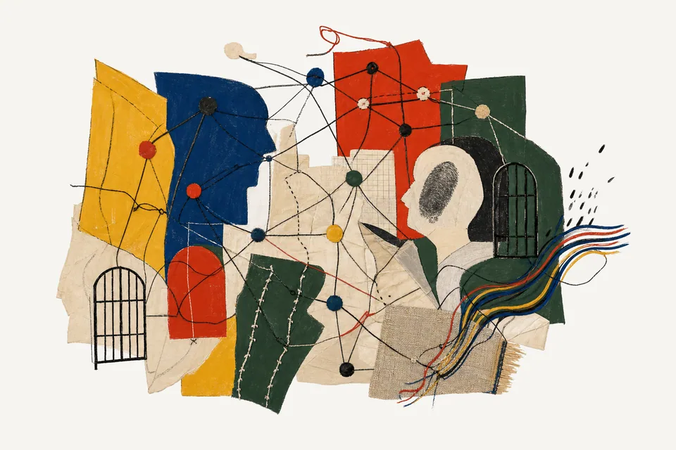 A painterly editorial collage for Custom feeds on Bluesky, showing the concrete objects and system relationships around nodes, relays, follows, and highvolume event streams.
