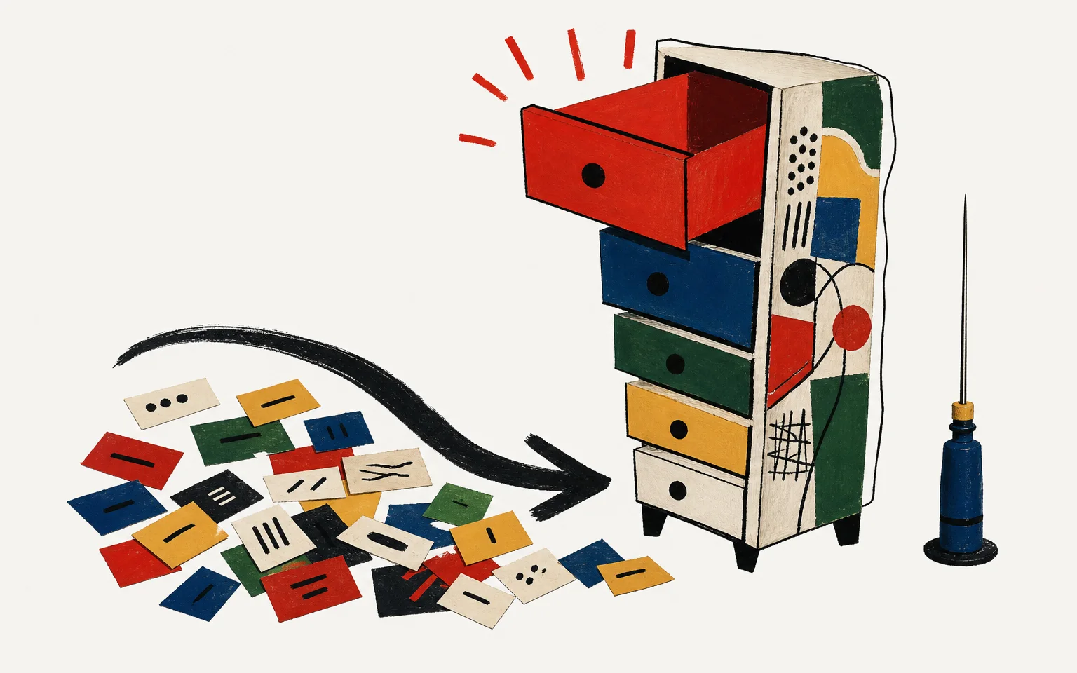 A painterly collage of a ranked cabinet of drawers, a heap of scattered word tokens, and a thin probe waiting its turn.