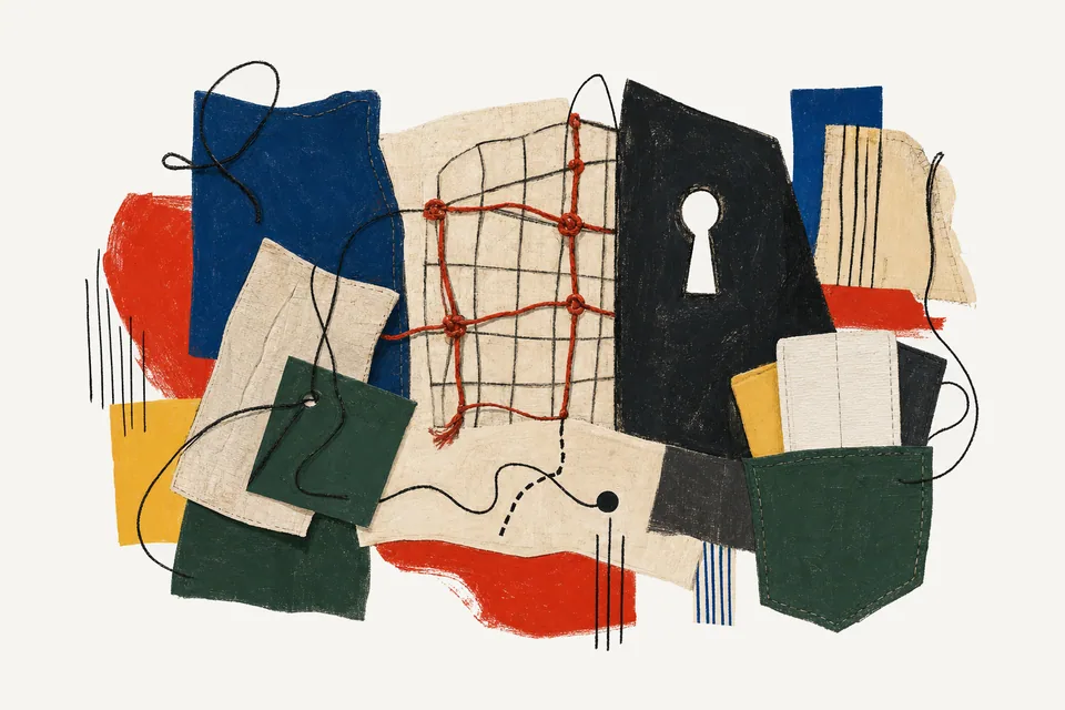 A painterly editorial collage for Claude OAuth newline bug, showing the concrete objects and system relationships around credential flow, system prompt, and evidence cards.