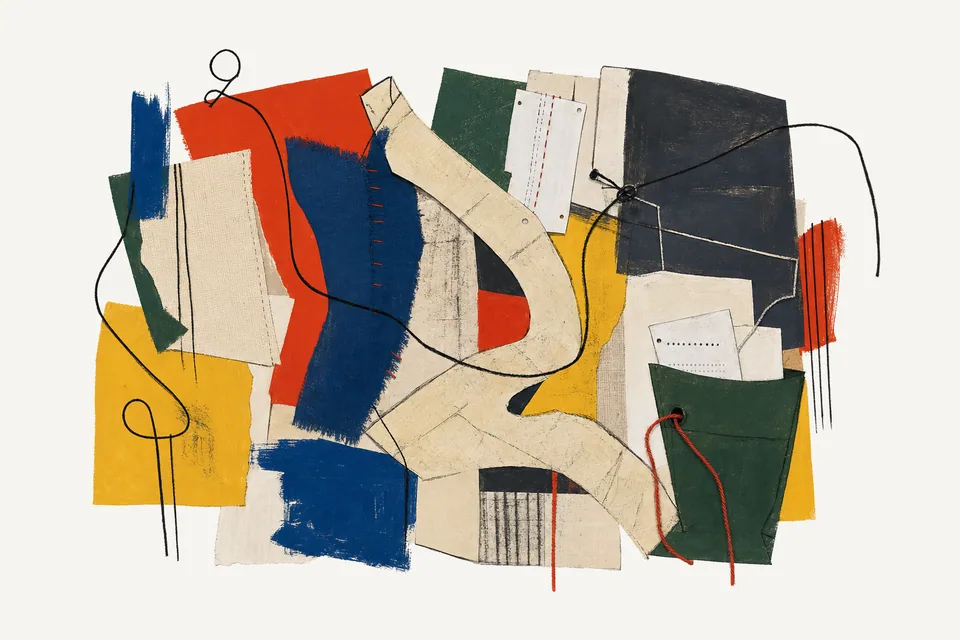 A painterly editorial collage for BM25 code search for agents, showing the concrete objects and system relationships around a trail through the papers.