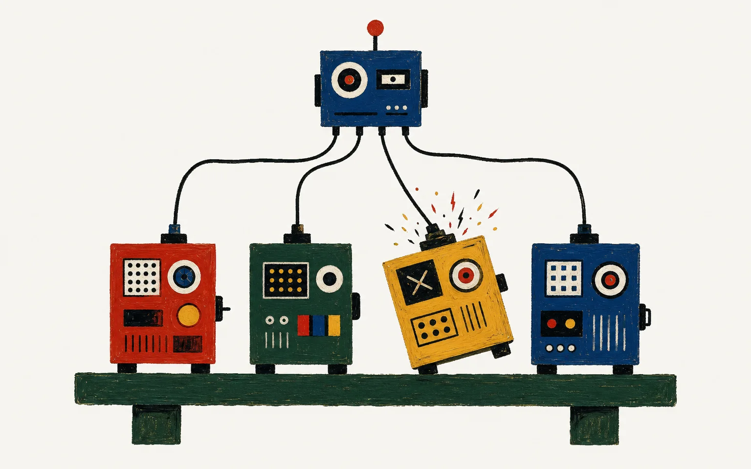 A painterly collage of four machine boxes on a shelf under a small supervisor box, one machine tipping mid-crash.