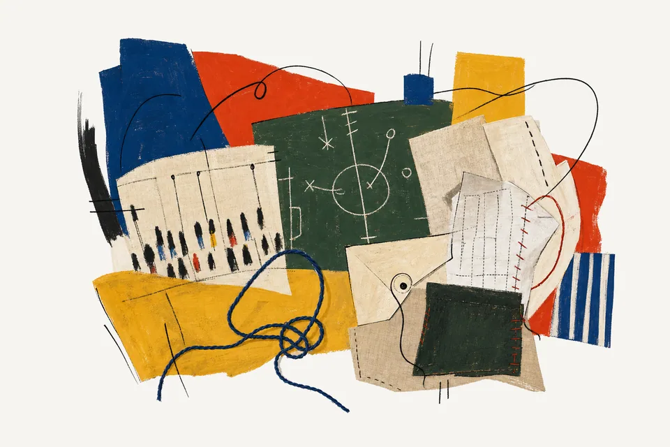 A painterly editorial collage for DevRel measurement, showing scoreboard, field lines, and developer programme measures.