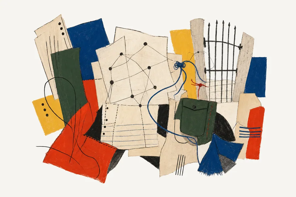 A painterly editorial collage of Markdown pages, graph-node threads, cache slips, plugin fences, and file-boundary cloth.