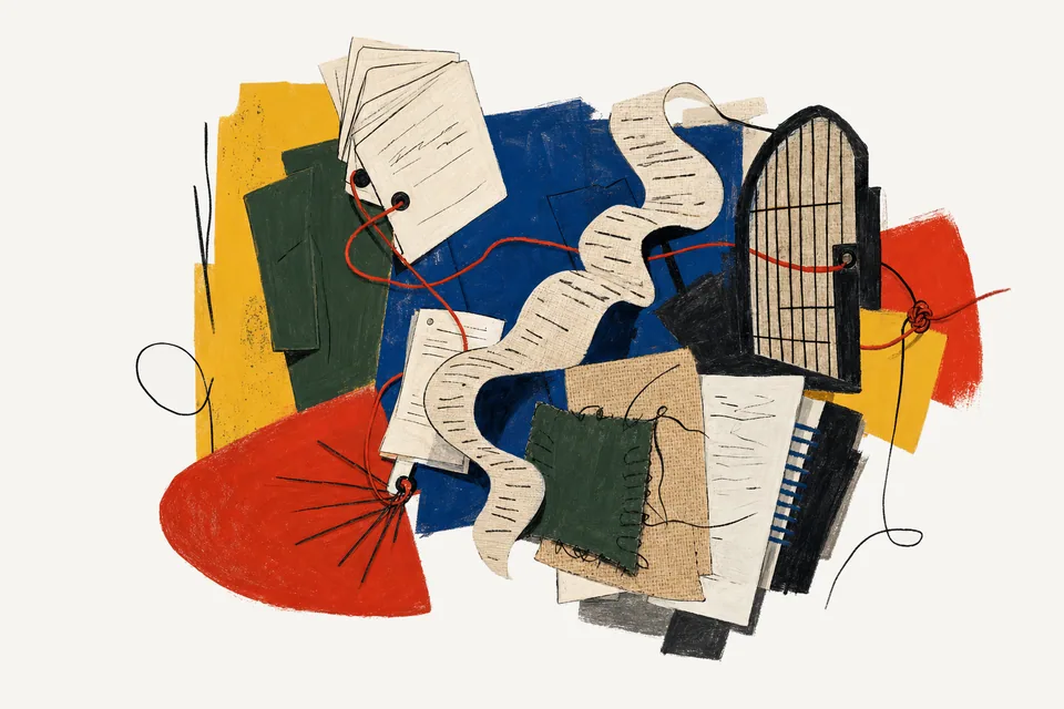 A painterly editorial collage for Interviewing a draft, showing the concrete objects and system relationships around question cards, transcript ribbons, and synthesis notes.