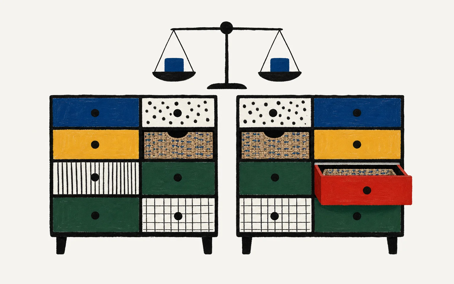A painterly collage of two mirrored cabinets under a balance scale, with one red drawer ajar.