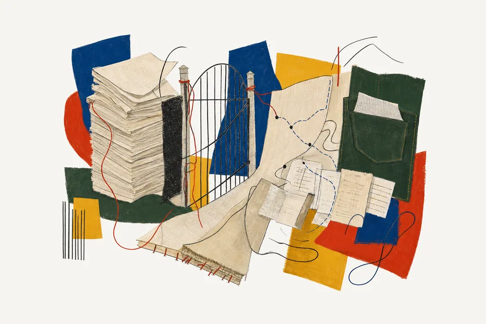 A painterly editorial collage for agents reading the spec, showing the concrete objects and system relationships around large document budgets, coverage map, and missing clauses.