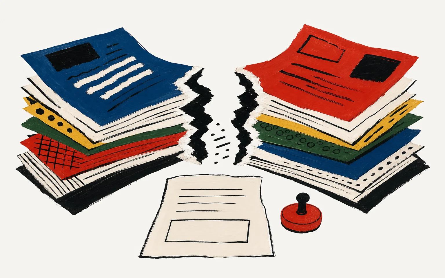 A painterly collage of two leaning stacks of documents separated by a torn gap, above an unstamped report and a withheld seal.