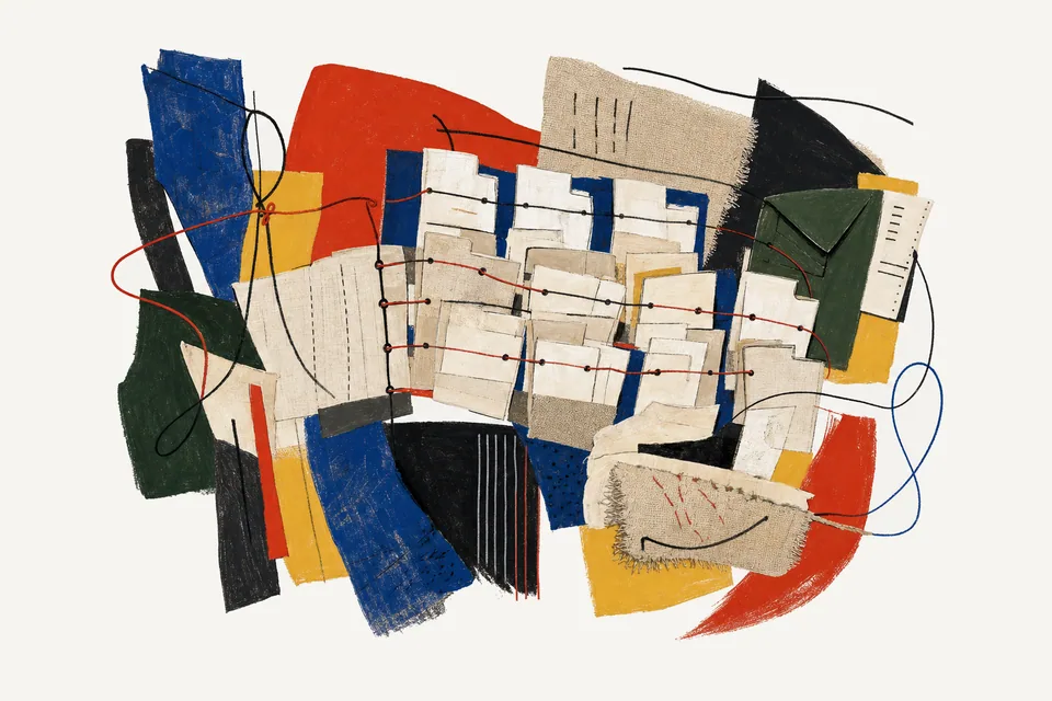 A painterly editorial collage of stitched paper runs, test sheets, thread paths, and repeated checks.