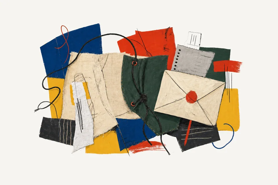 A painterly editorial collage for missing final answers, showing the concrete objects and system relationships around event sink, suppressed prose, and completion evidence.