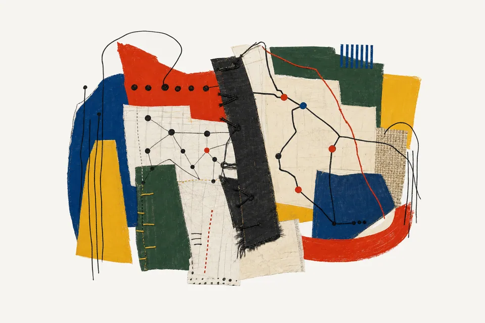 A painterly editorial collage for Watching UK trains move, showing the concrete objects and system relationships around rail junctions, train dots, and timetable event streams.