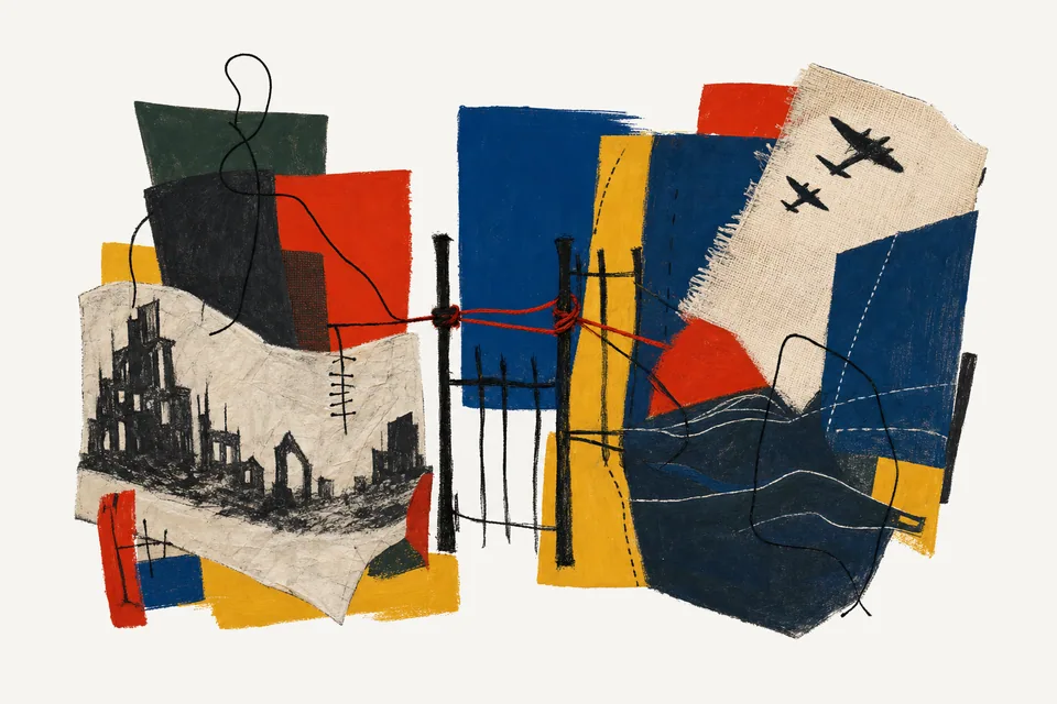 A painterly editorial collage for Britain's war story, showing the concrete objects and system relationships around lived memory, national myth.