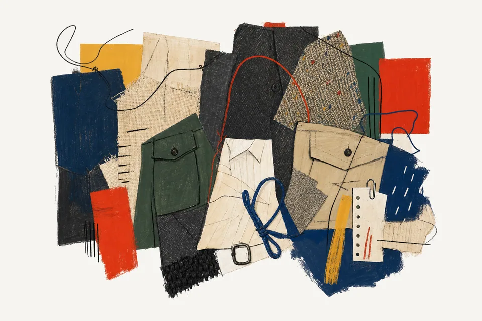 A painterly collage of chore coat pockets, tweed, field-jacket flaps, safari jacket hardware, oxford cloth, and knitwear.