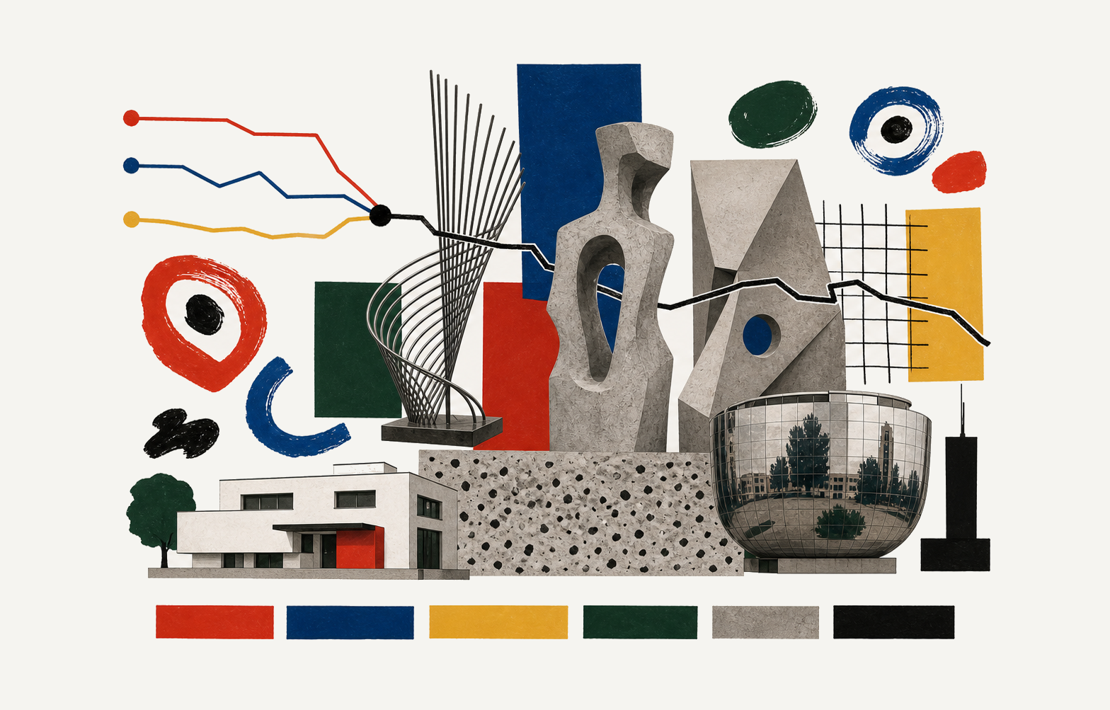 An editorial collage of Rotterdam route lines, CoBrA colour marks, Gabo-like steel ribs, a Zadkine-like hollow figure, concrete planes, a museum villa, and a mirrored depot bowl.