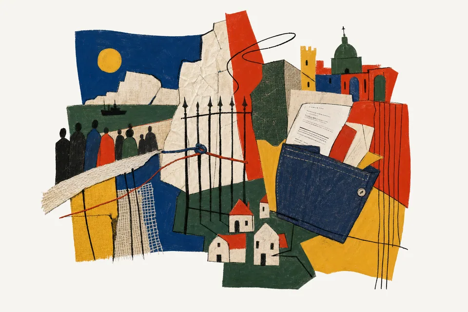 A painterly editorial collage for Class, capital, and the past, showing the concrete objects and system relationships around productive work, extracted rent.