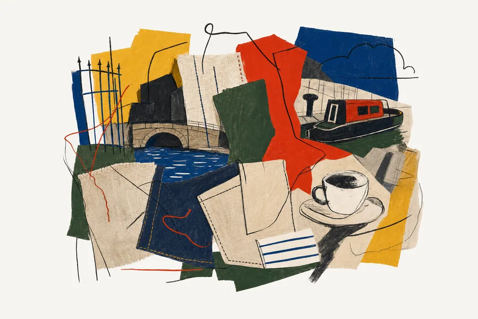 A painterly editorial collage for Regent's Canal in weather, showing the concrete objects and system relationships around a day, lightly designed.