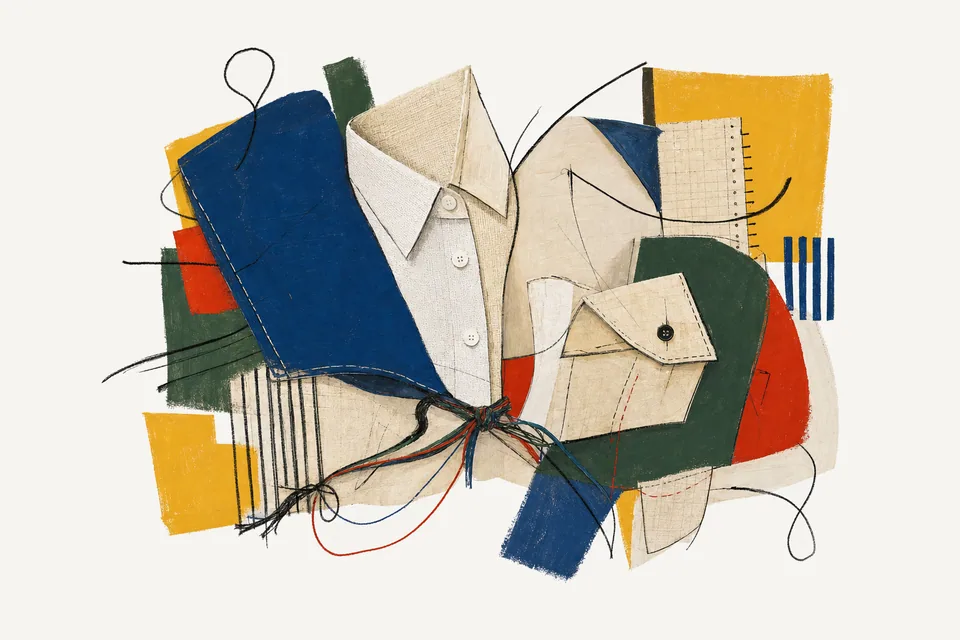 A painterly editorial collage for Oxford cloth shirts, showing the concrete objects and system relationships around the shirt as hinge.