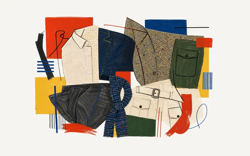 A painterly collage of oxford cloth, tweed, blazer, chore coat, safari jacket, flannel, and scarf fragments.