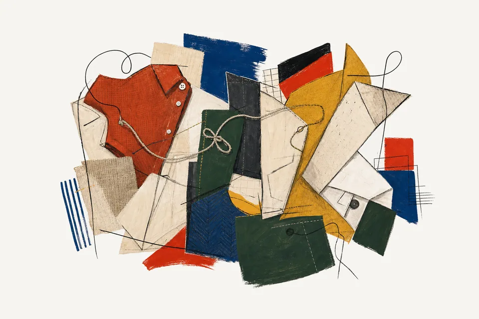 A painterly editorial collage for Ease takes work, showing the concrete objects and system relationships around the apparent accident is engineered.