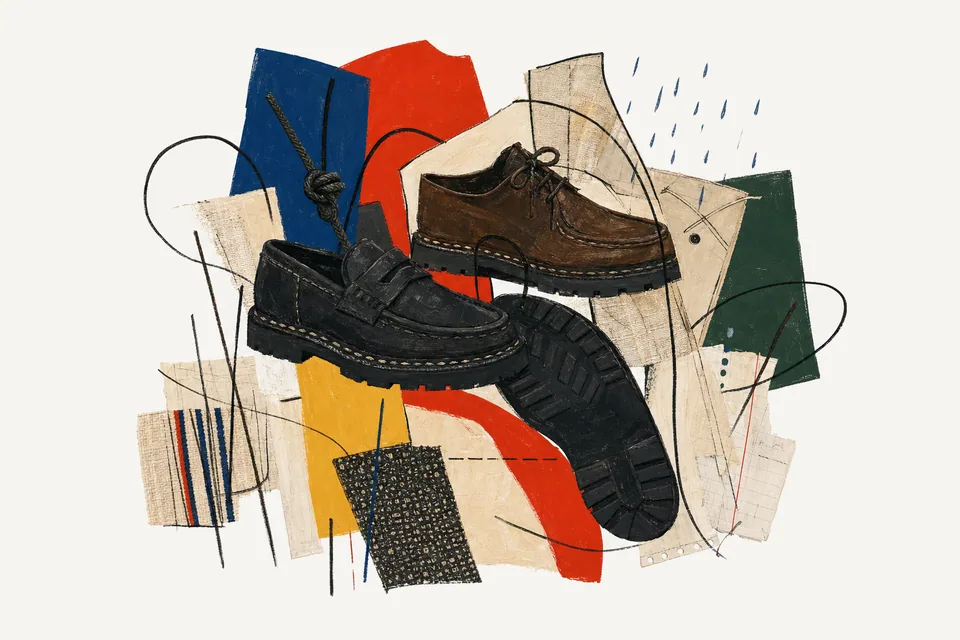 A painterly collage of black and cafe-brown Paraboot shoes, sole construction, and wardrobe colour swatches.