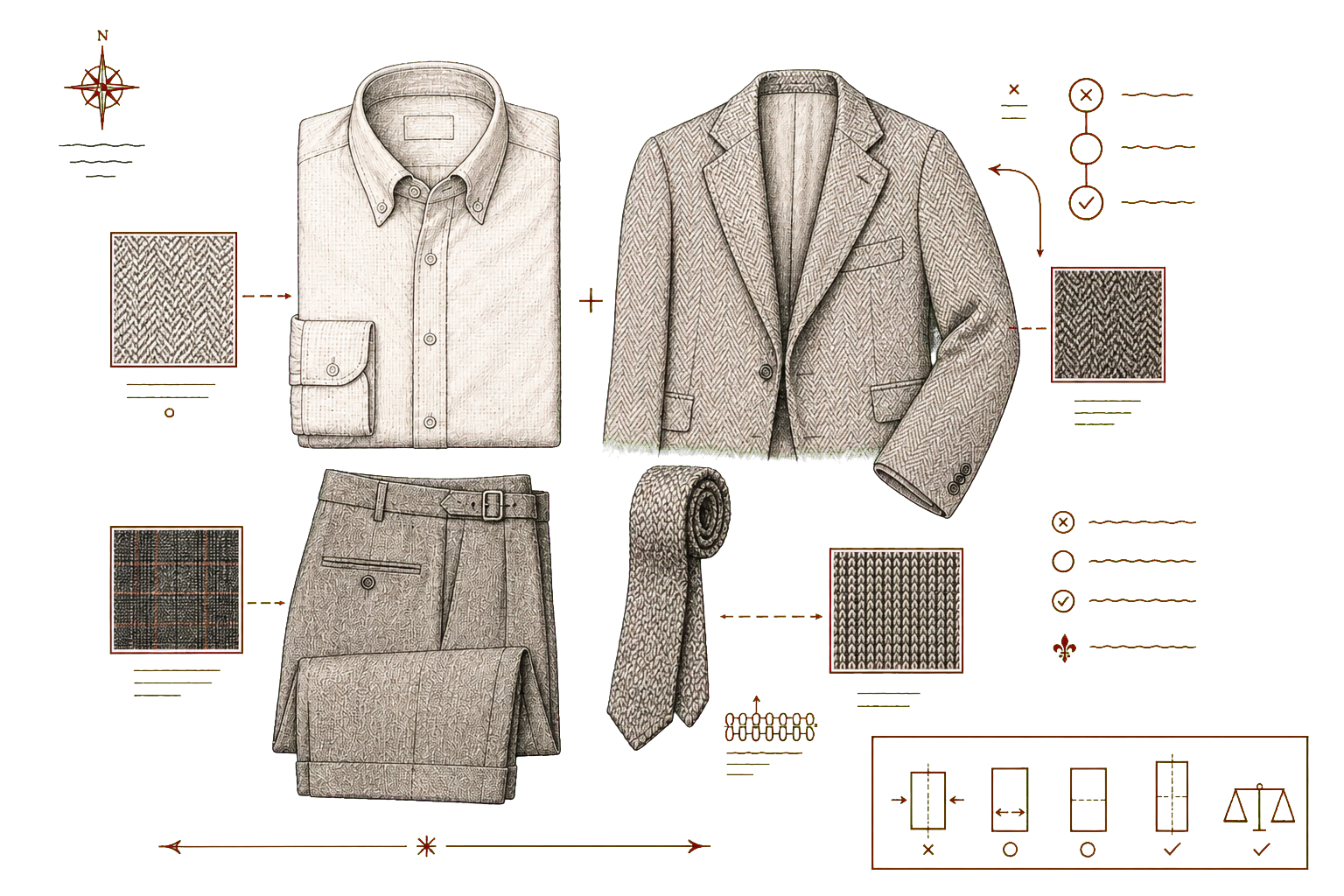 Hand-drawn outfit system diagram with oxford cloth, jacket, flannel, and knitted tie textures.