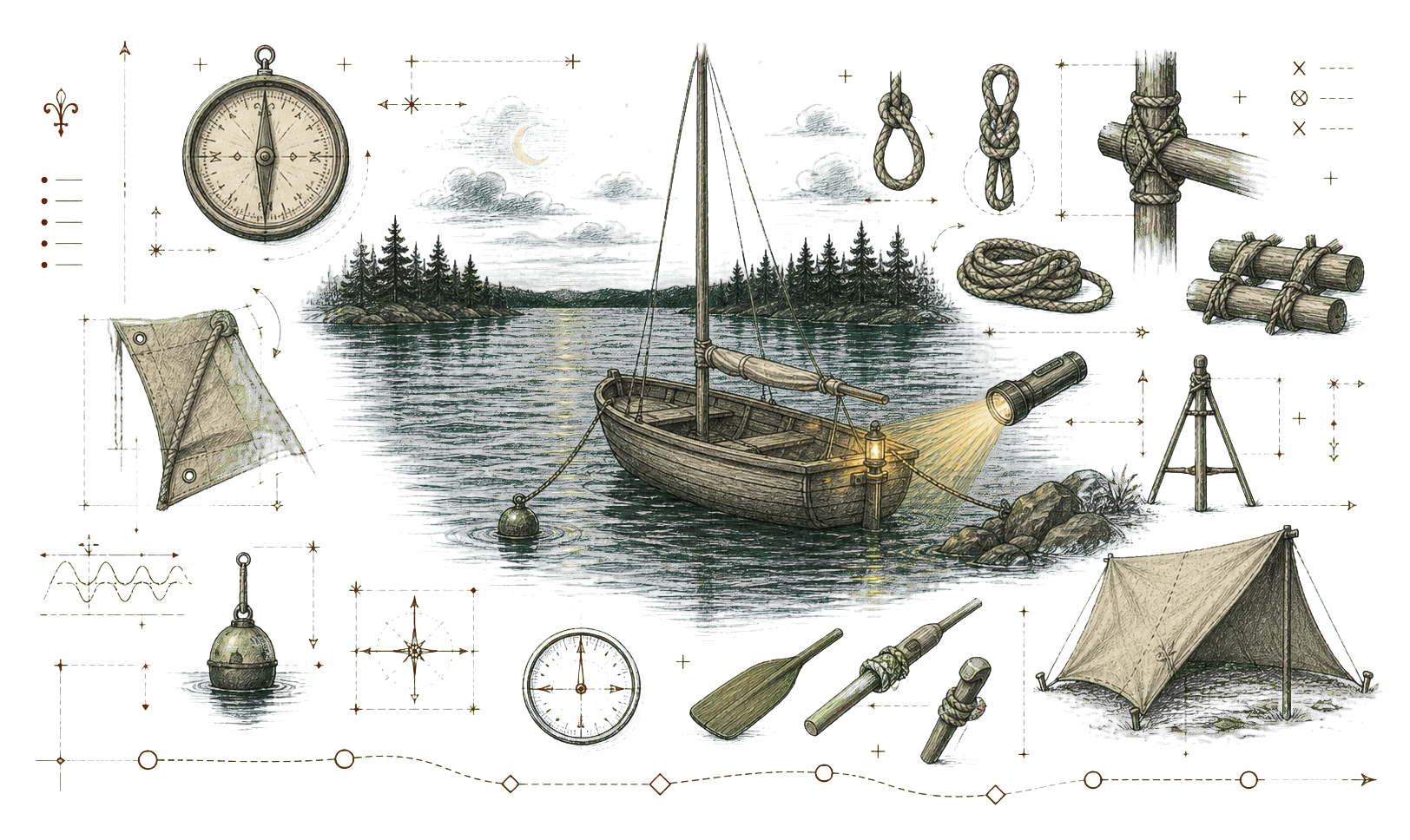 Transparent hand-drawn studies of knots, canvas, compass needle, water ripples, rope geometry, and field-note arrows.