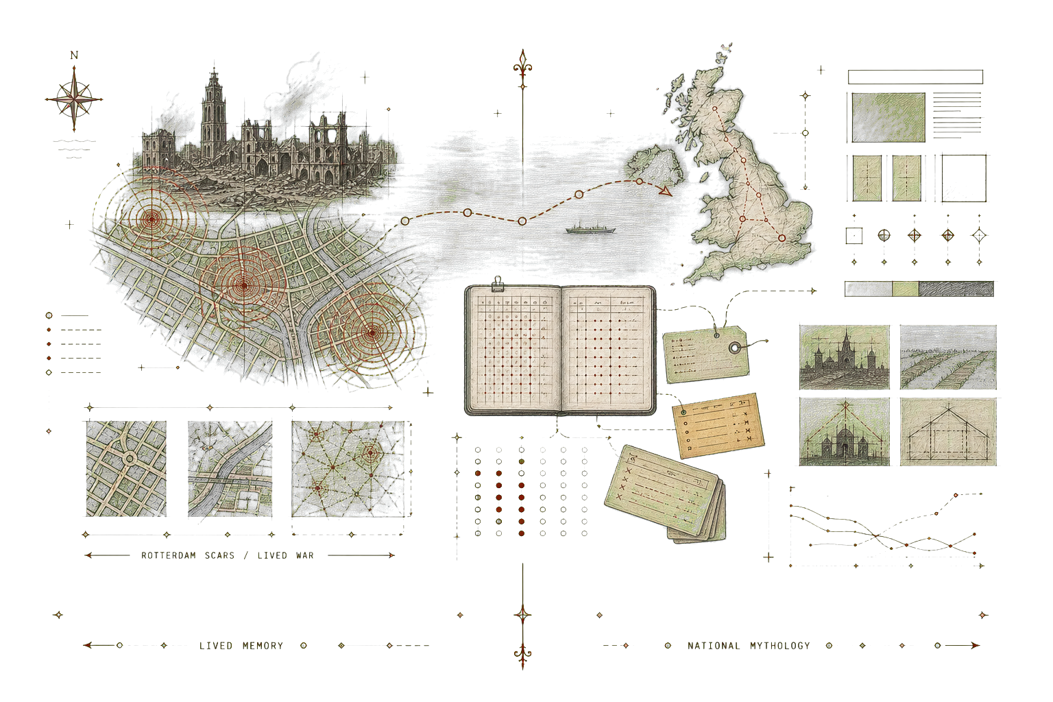 Transparent hand-drawn comparison map of Rotterdam scars, Britain, archival cards, memorial ledgers, and a North Sea route between lived memory and national mythology.