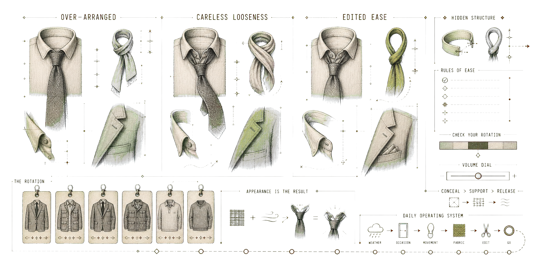 Transparent hand-drawn comparison of over-arranged, careless, and edited ease through tie, collar, scarf, and rotation studies.