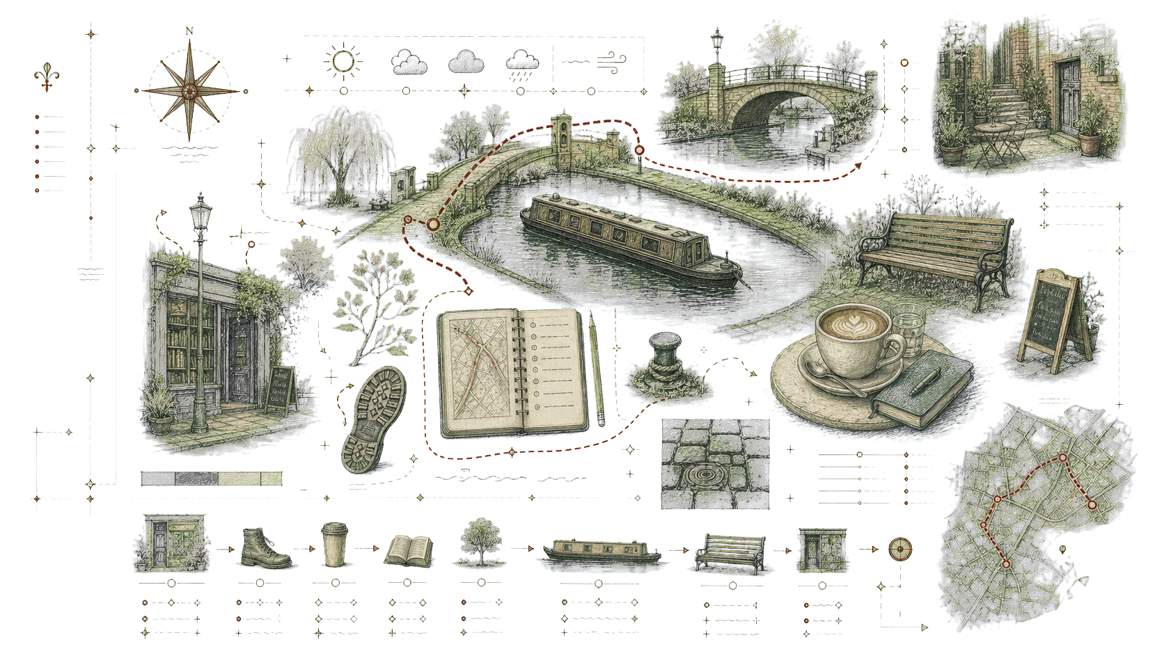 Transparent hand-drawn itinerary diagram with canal curve, cafe, courtyard, bookshop, sun and cloud marks, and walking route.