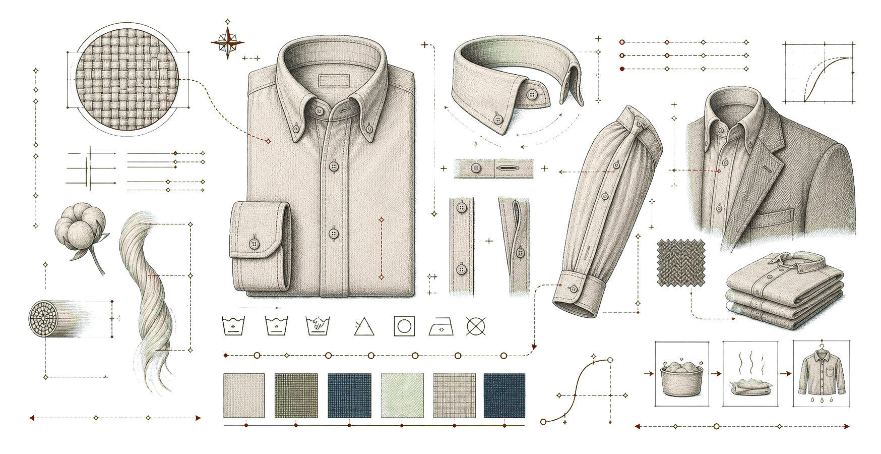 Transparent hand-drawn shirt anatomy with collar roll curve, sleeve measurement, fabric swatches, care icons, and weave study.