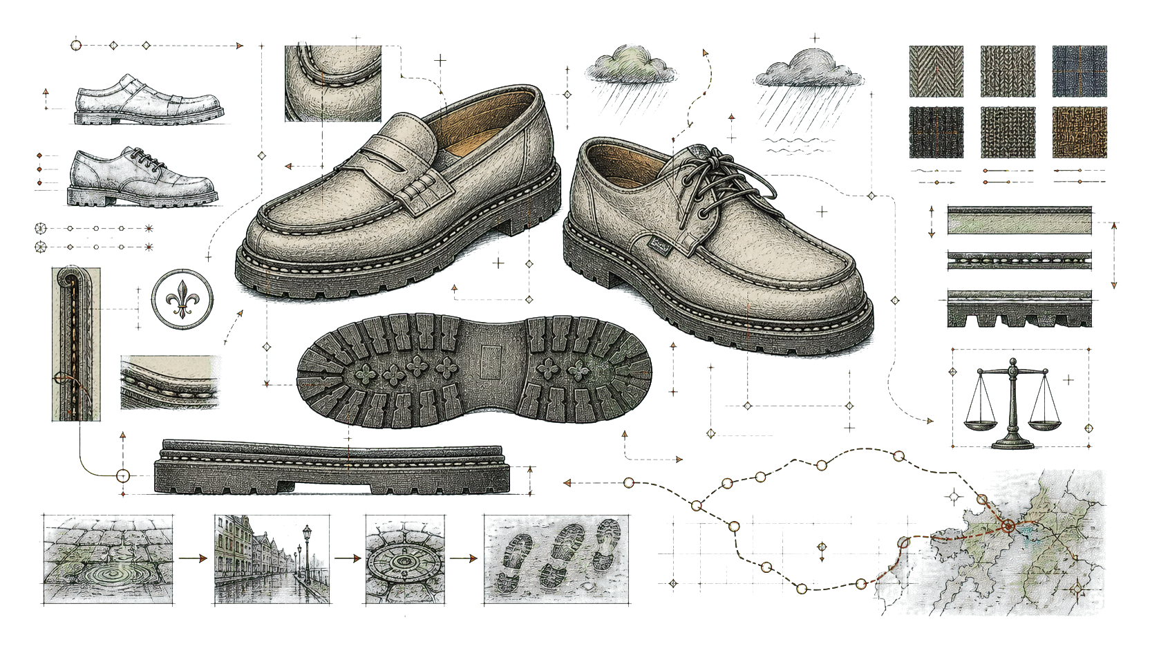 Transparent hand-drawn comparison of useful shoe silhouettes, sole constructions, wardrobe swatches, pavement fragments, and walking route marks.